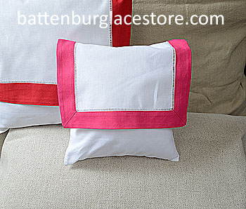 Envelope Pillow.Baby size 8 in. White with RASPBERRY SORBET Trim